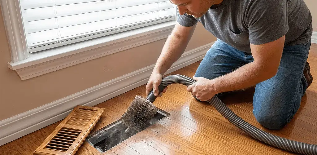 Air duct cleaning technician vacuuming a floor vent and duct opening in Springfield, MO