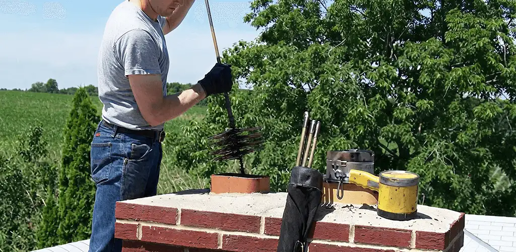 Chimney cleaning technician working on a rooftop chimney with professional tools in Springfield, MO