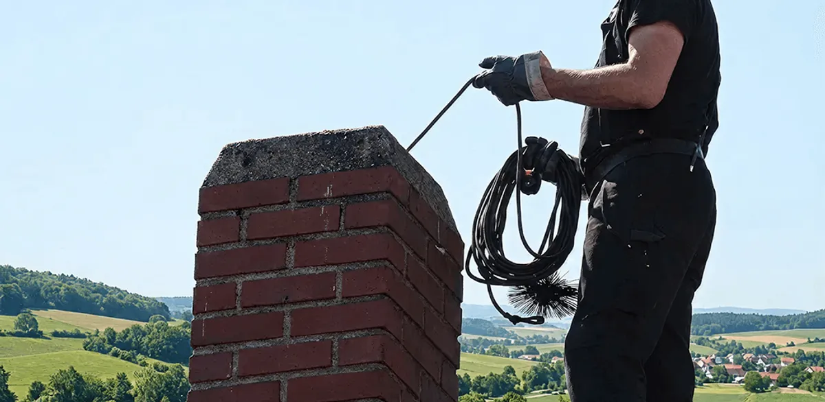 Chimney sweep inspecting and cleaning a rooftop chimney in Springfield, MO