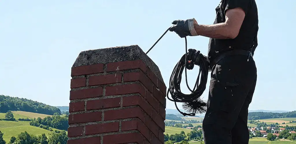 Chimney sweep inspecting and cleaning a rooftop chimney in Springfield, MO