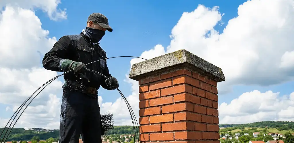 Chimney sweep cleaning a brick chimney with professional tools in Springfield, MO