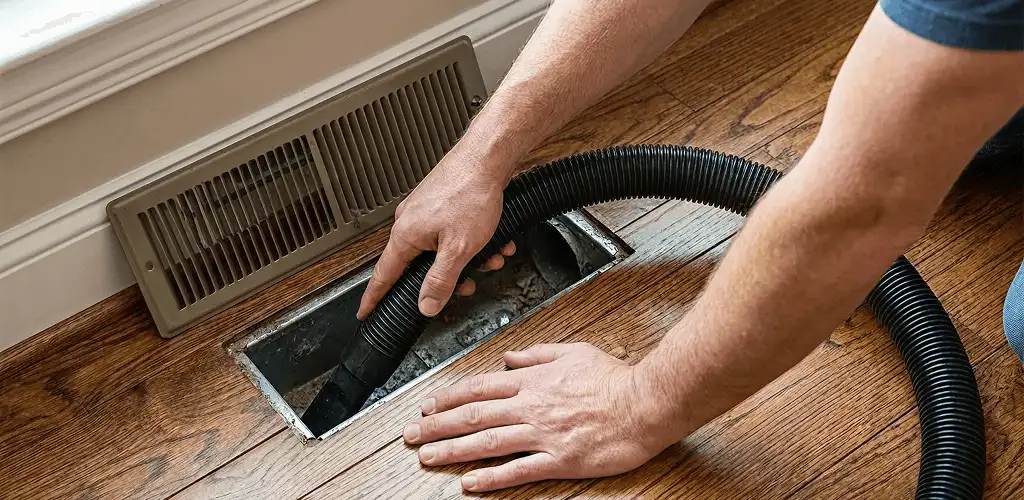 Air duct cleaning technician vacuuming a floor register and duct opening in Springfield, MO