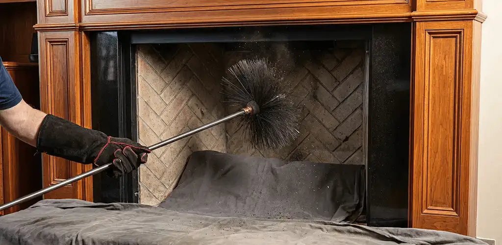 Chimney cleaning service brushing soot from a fireplace and flue in Springfield, MO