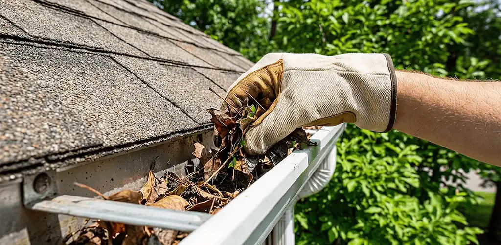 Gutter cleaning removing leaves and debris from roof gutters in Springfield, MO