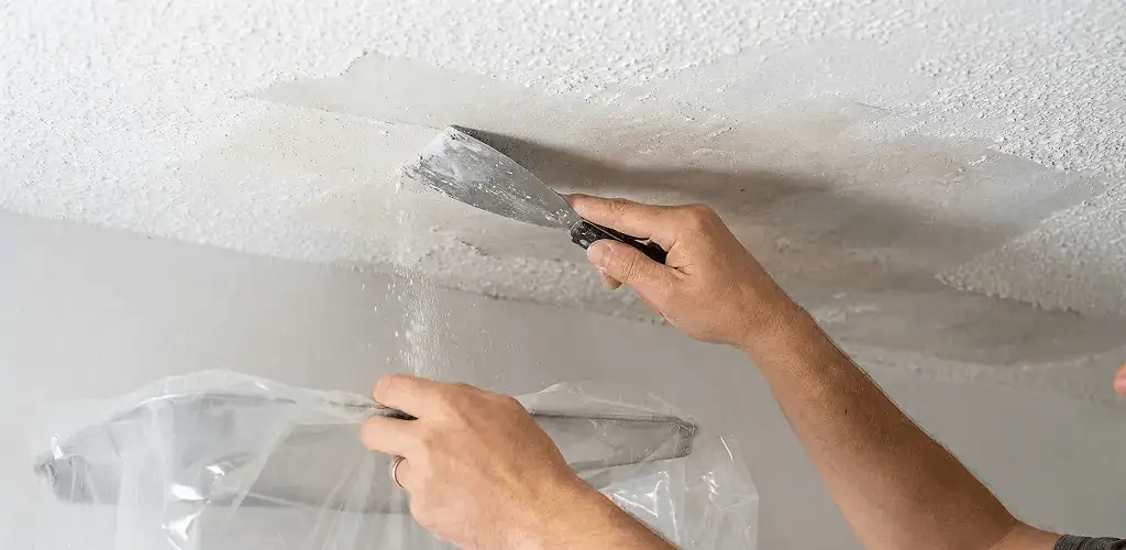 Popcorn ceiling removal technician scraping texture from a ceiling in Springfield, MO