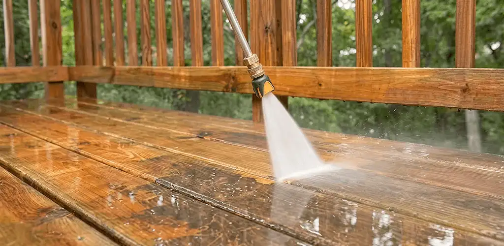 Pressure washing a wood deck to remove dirt and buildup in Springfield, MO