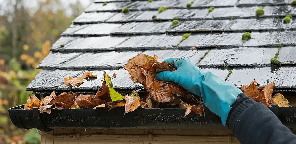 Gutter cleaning technician clearing wet leaves from roof gutters in Springfield, MO