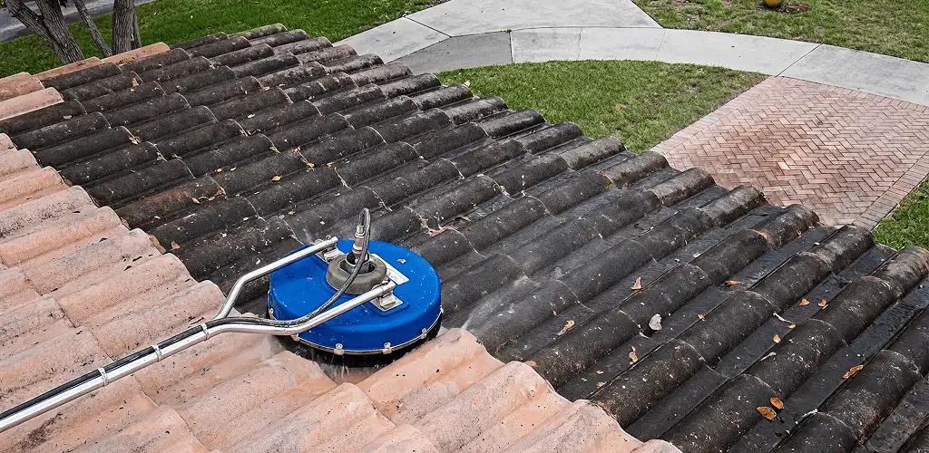 Roof pressure cleaning removing debris and buildup from roof tiles in Springfield, MO