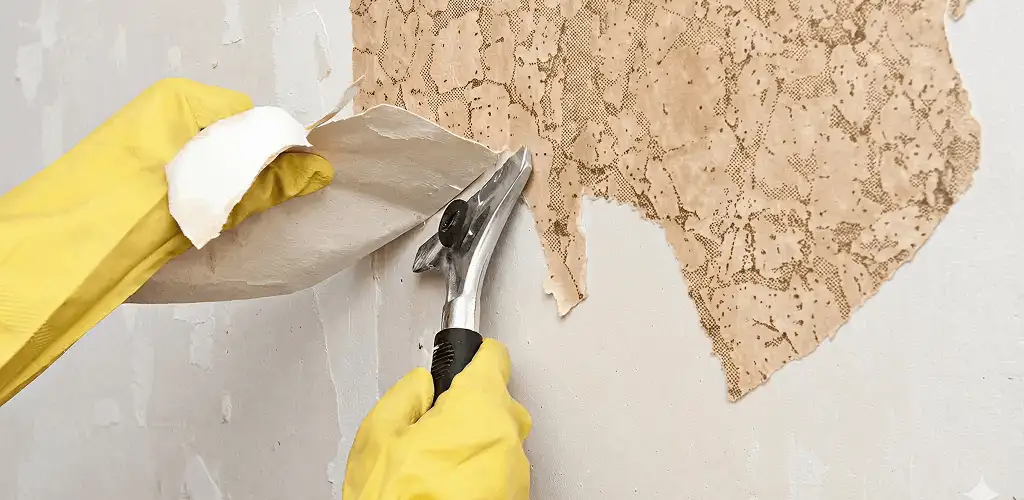 Wallpaper removal service stripping old wallpaper from a wall in Springfield, MO