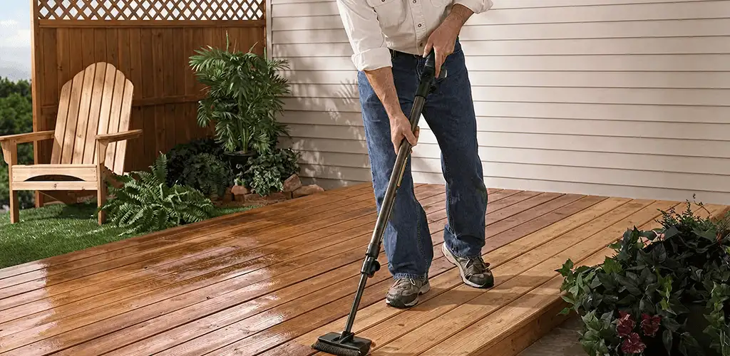 Deck staining service applying stain to a backyard wood deck in Springfield, MO